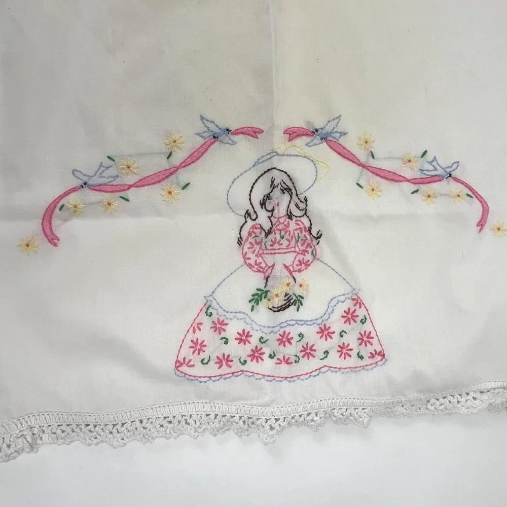 Vintage Hand-Embroidered Pillowcases Crochet Edge Set of 2 Girl with Basket of F